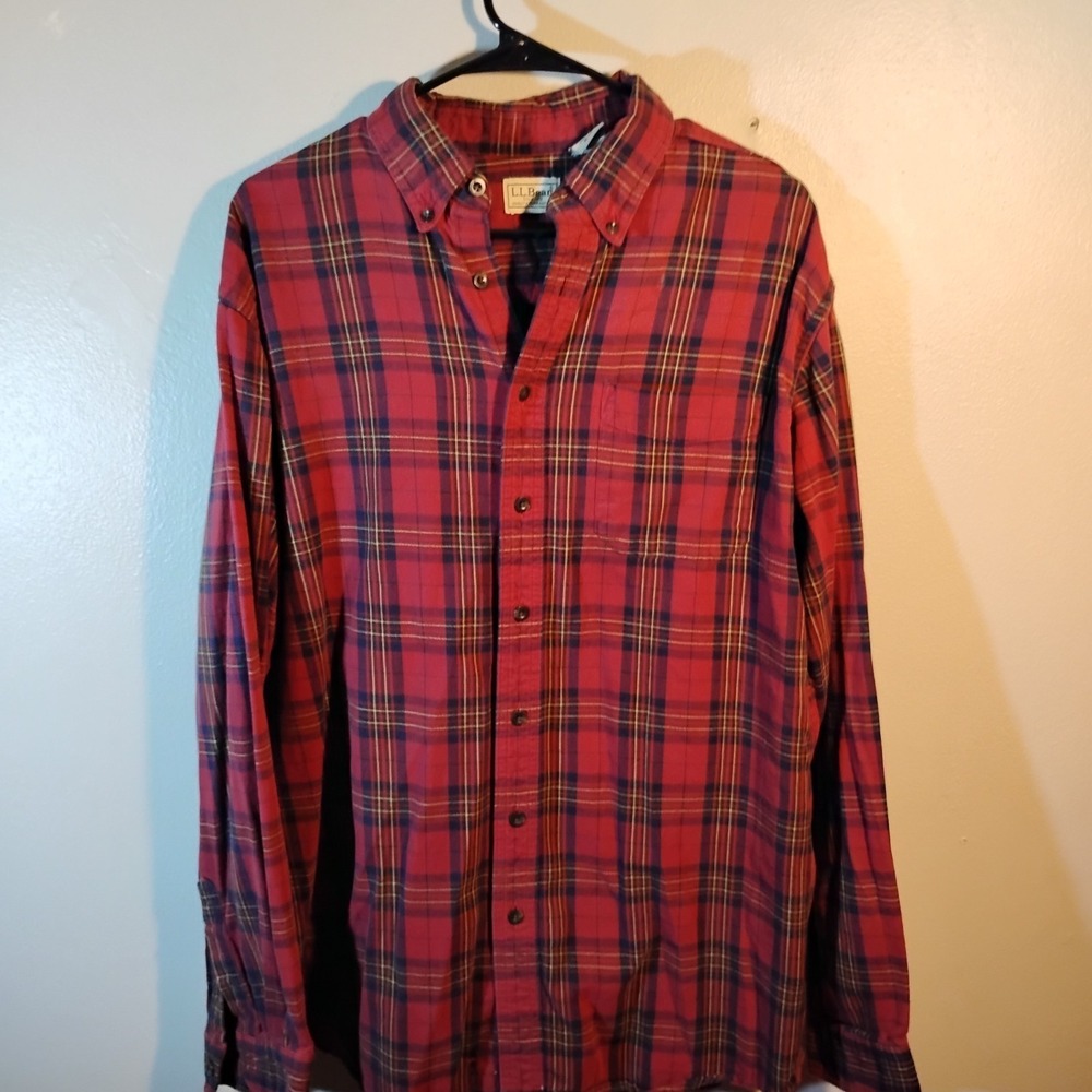 L.L. Bean Flannel Shirt Mens L Tall Red Plaid Vintage Cotton Button Down